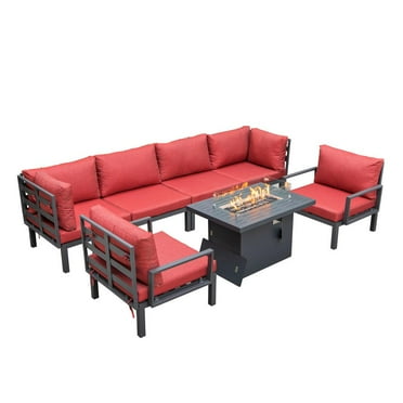 LeisureMod Hamilton 7-Piece Aluminum Patio Conversation Set With Fire Pit Table And Cushions