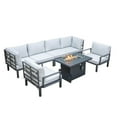 thumbnail image 1 of LeisureMod Hamilton Modern 7-Peice Modular Outdoor Sectional Aluminum Patio Conversation Set with Fire Pit Table & Light Gray Cushions, 1 of 22