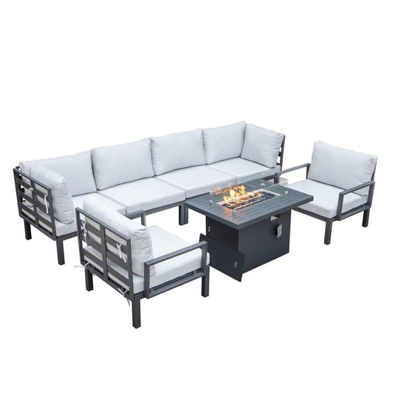 LeisureMod Hamilton Modern 7-Peice Modular Outdoor Sectional Aluminum Patio Conversation Set with Fire Pit Table & Light Gray Cushions
