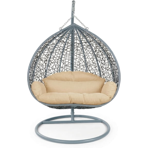 LeisureMod Hanging Egg Chair with Stand for Indoor Outdoor Wicker Patio Swing Chair Open Weave Basket Design with Cushion Grey Metal Frame for Patio Garden Balcony (Oatmeal)