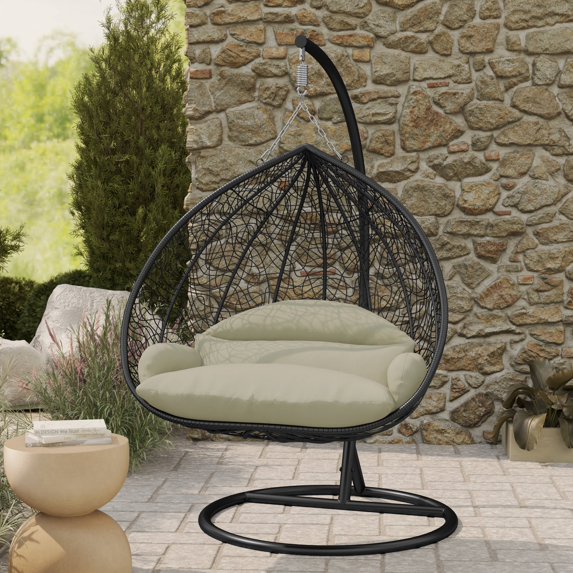LeisureMod Hanging Swing Chair Two-Person Seater Egg Chair Black Frame in Teardrop Design with Armrest Removable Zippered Washable Polyester Cushion Cover for Indoor and Patio Recluse Collection
