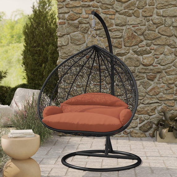 LeisureMod Hanging Swing Chair Two-Person Seater Egg Chair Black Frame in Teardrop Design with Armrest Removable Zippered Washable Polyester Cushion Cover for Indoor and Patio Recluse Collection