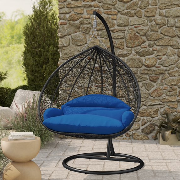 LeisureMod Hanging Swing Chair Two-Person Seater Egg Chair Black Frame in Teardrop Design with Armrest Removable Zippered Washable Polyester Cushion Cover for Indoor and Patio Recluse Collection