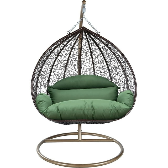 LeisureMod Hanging Swing Chair Two-Person Seater Egg Chair Brown Frame in Teardrop Design with Armrest Removable Zippered Washable Polyester Cushion Cover for Indoor and Patio Recluse Collection