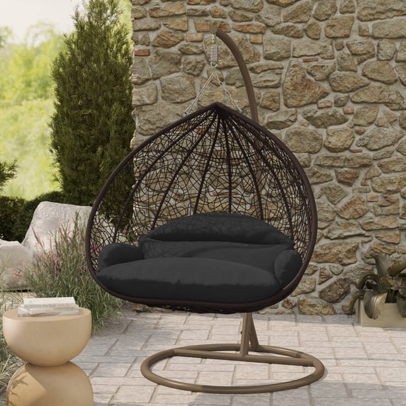 LeisureMod Hanging Swing Chair Two-Person Seater Egg Chair Brown Frame in Teardrop Design with Armrest Removable Zippered Washable Polyester Cushion Cover for Indoor and Patio Recluse Collection