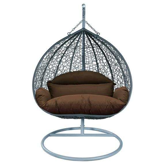LeisureMod Hanging Swing Chair Two-Person Seater Egg Chair Grey Frame in Teardrop Design with Armrest Removable Zippered Washable Polyester Cushion Cover for Indoor and Patio Recluse Collection