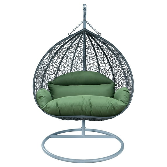 LeisureMod Hanging Swing Chair Two-Person Seater Egg Chair Grey Frame in Teardrop Design with Armrest Removable Zippered Washable Polyester Cushion Cover for Indoor and Patio Recluse Collection