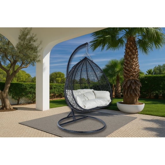 LeisureMod Hanging Swing Chair Two-Person Seater Teardrop Design Weave Pattern in Black Stainless Steel Frame with Removable Cushion for Indoor and Outdoor Recluse Collection in White