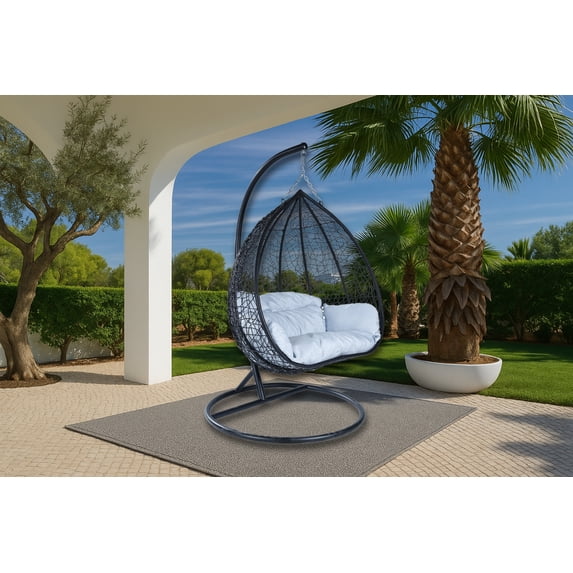 LeisureMod Hanging Swing Chair Two-Person Seater Teardrop Design Weave Pattern in Black Stainless Steel Frame with Removable Cushion for Indoor and Outdoor Recluse Collection in Light Grey