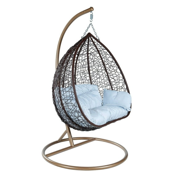 LeisureMod Hanging Swing Chair Two-Person Seater Teardrop Design Weave Pattern in Brown Stainless Steel Frame with Removable Cushion for Indoor and Outdoor Recluse Collection in Light Grey