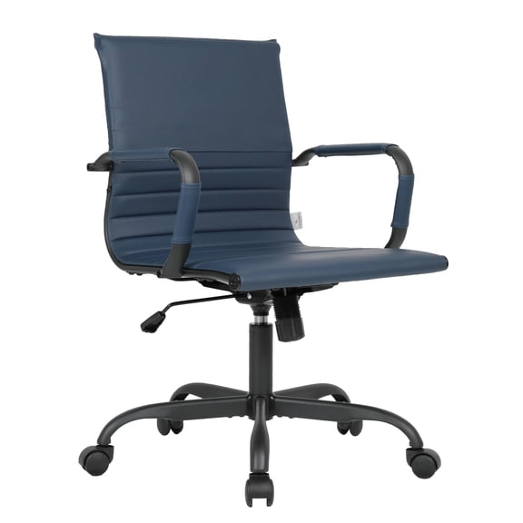 LeisureMod Harris Leather Office Desk Chair with Swivel Armrests Modern Adjustable Executive Conference Chair for Office and Home (Blue)