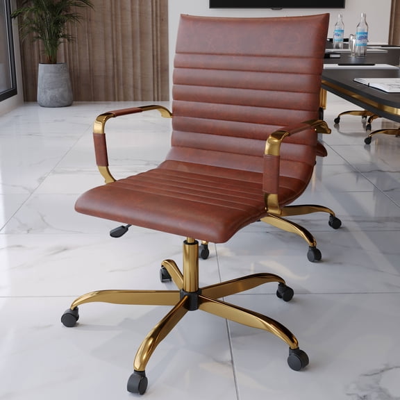 LeisureMod Harris Mid-Back Modern Leather Office Chair, Adjustable Swivel with Gold Frame, Dark Brown