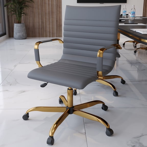 LeisureMod Harris Mid-Back Modern Leather Office Chair, Adjustable Swivel with Gold Frame, Grey