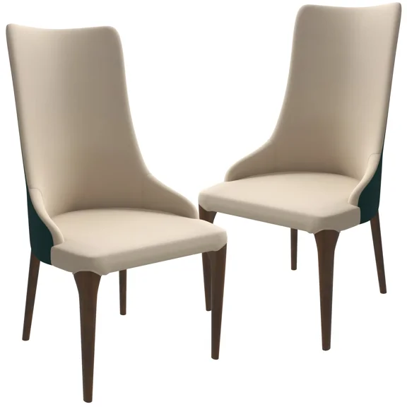 LeisureMod Elm Velvet/Leather Upholstered Dining Chair – High Back Side Chair with Ash Wood Legs and Curved Backrest, Armless Modern Accent Chair for Kitchen and Dining Room Set of 2