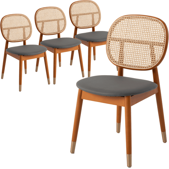 LeisureMod Holbeck Mid-Century Modern Wicker Dining Chair with Upholstered Leather Seat and Beech Wood Legs, Accent Side Chair for Kitchen and Dining Room Set of 4 (Grey)