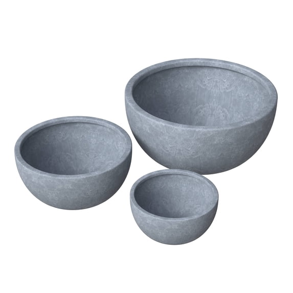 LeisureMod Iris Mid-Century Modern 3-Piece Fiberstone and Clay Planter Set - Round Plant Pots with Drainage Holes for Indoor and Outdoor (Grey)