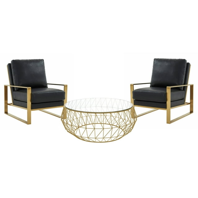 LeisureMod Jefferson Modern 3-Piece Living Room Set with 2 Leather Arm Chair and Round Coffee Table with Brushed Gold Frame (Black)