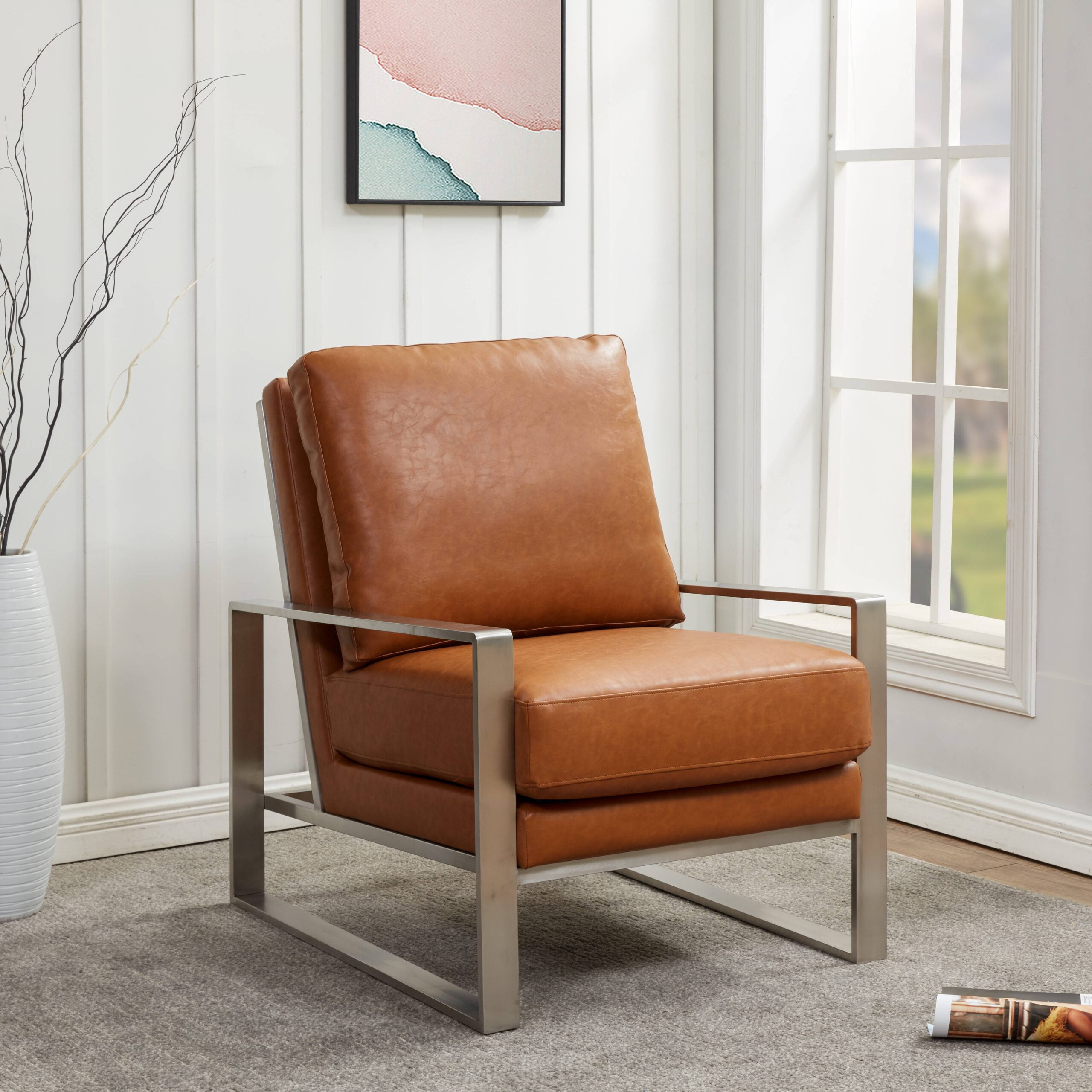 Cognac Tan Faux Leather Accent Chair with Silver Metal Frame