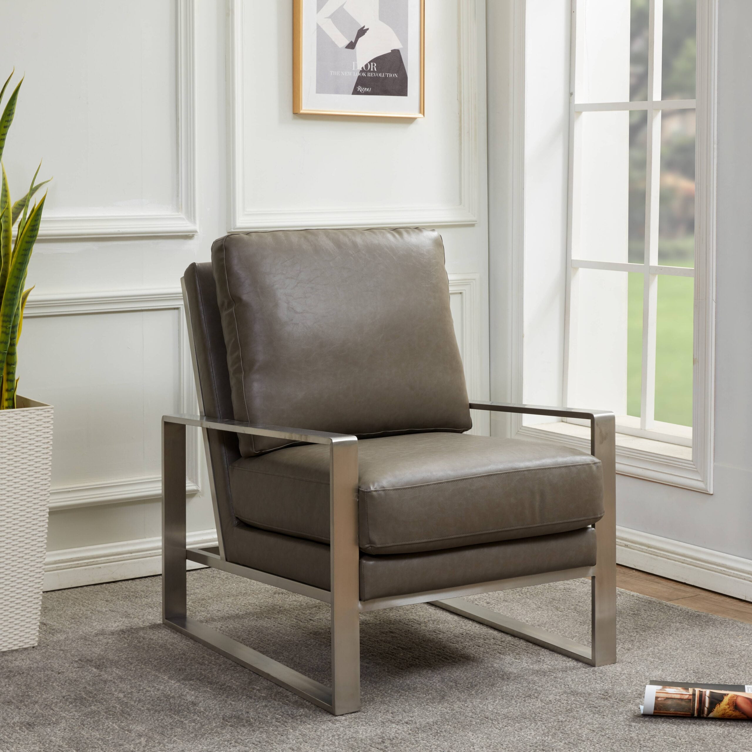 Gray Faux Leather Accent Chair with Metal Frame