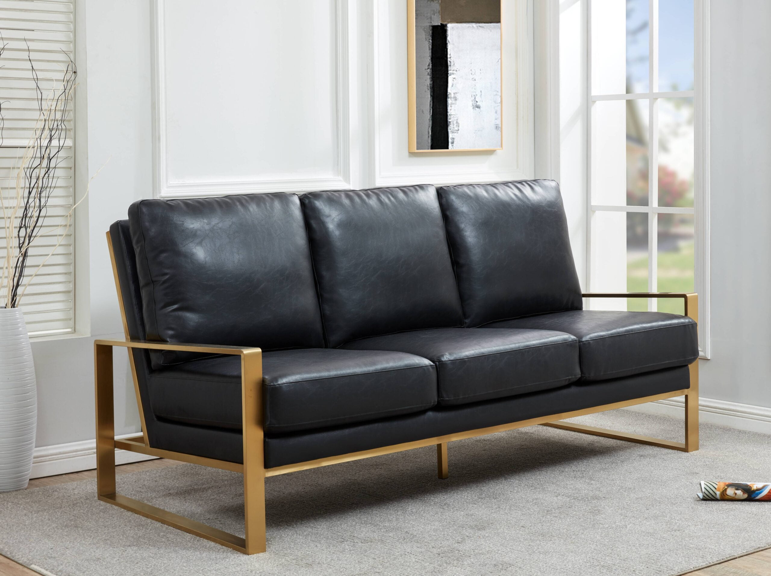 LeisureMod Jefferson Modern Leather 3 Seater Sofa With Gold Frame ...