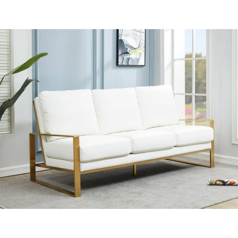 LeisureMod Jefferson Modern Leather 3 Seater Sofa With Gold Frame Contemporary Living Room Couch White