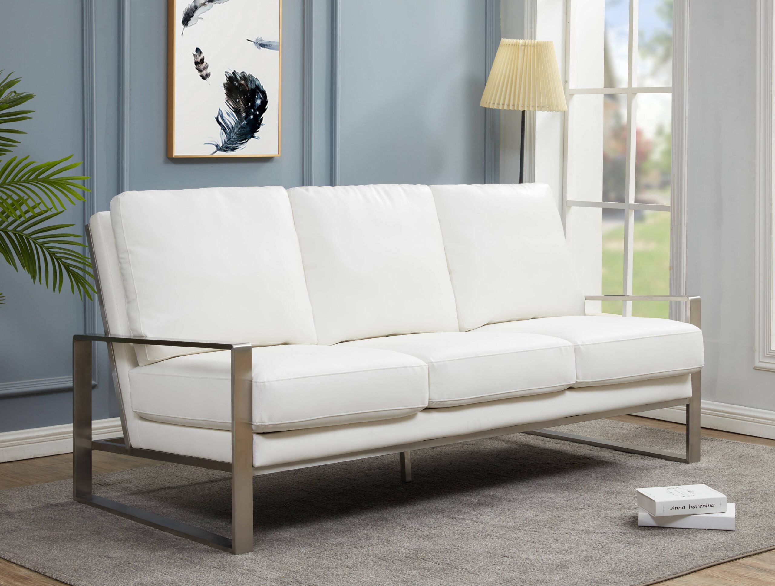 White Faux Leather 3-Seater Sofa with Silver Metal Frame