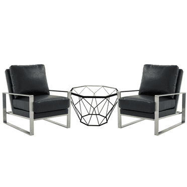 LeisureMod Jefferson Modern Leather Arm Chair with Silver Frame Set of 2 and Octagonal Coffee Table with Black Geometric Base for Living Room (Black)