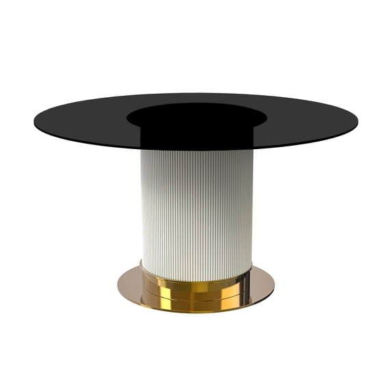 LeisureMod Jexis 71" Mid-Century Modern Round Dining Table with Glass Tabletop and White/Gold Stainless Steel Pedestal Base for Kitchen and Dining Room (Black)