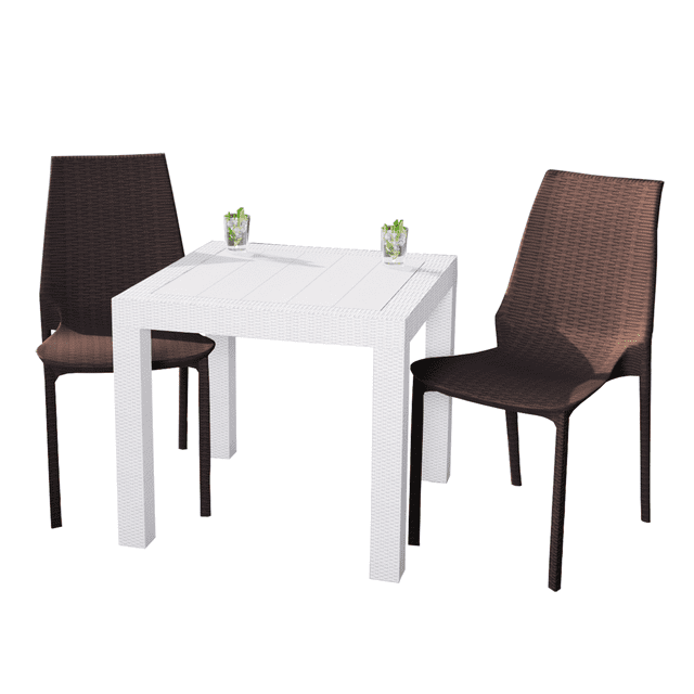LeisureMod Kent Mid-Century Modern Weave Design 2-Piece Outdoor Patio Dining Set with Plastic Square Table and 2 Stackable Chairs for Patio, Poolside, and Backyard Garden (White/Brown)