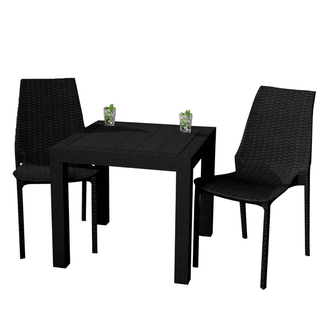 LeisureMod Kent Mid-Century Modern Weave Design 2-Piece Outdoor Patio Dining Set with Plastic Square Table and 2 Stackable Chairs for Patio, Poolside, and Backyard Garden (Black)