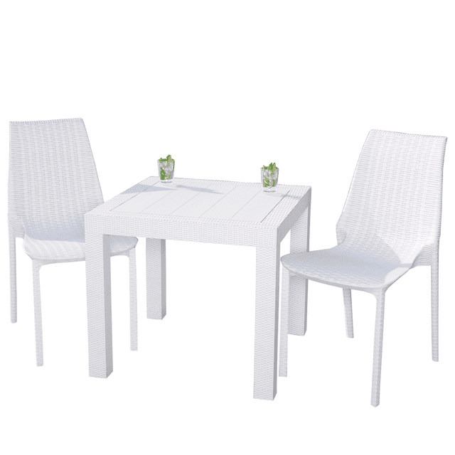 LeisureMod Kent Mid-Century Modern Weave Design 2-Piece Outdoor Patio Dining Set with Plastic Square Table and 2 Stackable Chairs for Patio, Poolside, and Backyard Garden (White)