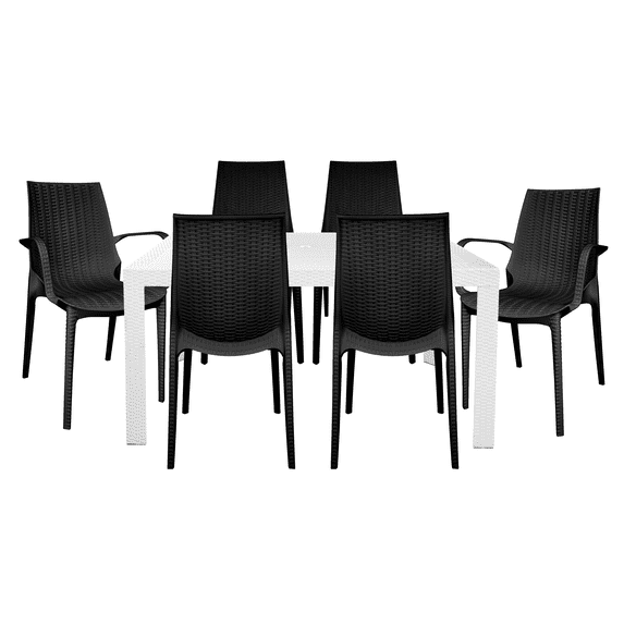 LeisureMod Kent Mid-Century Modern Weave Design 7-Piece Outdoor Dining Set Plastic Rectangular Table with 4 Side 2 Arm Chairs for Patio, Poolside, and Backyard Garden (White/Black)