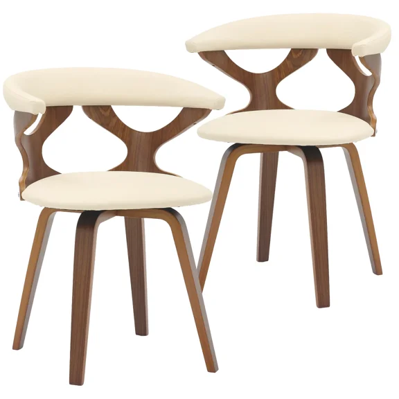 LeisureMod Klyne Leather Dining Chair with Poplar Wood Frame – Mid-Century Wooden Accent Chair with Swivel Base and Curved Open Back Side Chair for Kitchen or Dining Room Set of 2