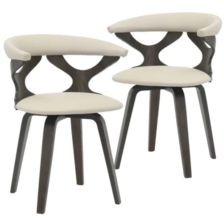 LeisureMod Klyne Leather Dining Chair with Poplar Wood Frame – Mid-Century Wooden Accent Chair with Swivel Base and Curved Open Back Side Chair for Kitchen or Dining Room Set of 2