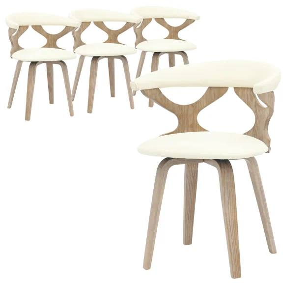 LeisureMod Klyne Leather Dining Chair with Poplar Wood Frame – Mid-Century Wooden Accent Chair with Swivel Base and Curved Open Back Side Chair for Kitchen or Dining Room Set of 4