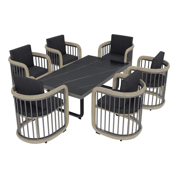 LeisureMod Klyra 7-Piece Aluminum Dining Set with 1 Rectangular Dining Table and 6 Dining Chairs in Grey
