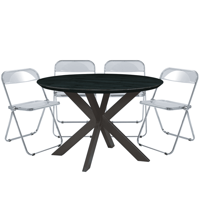 LeisureMod Lawrence 5 Piece Dining Set with Folding Acrylic Dining Chairs and Round Dining Table with Geometric Base for Kitchen and Dining Room