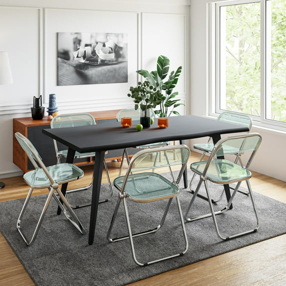 LeisureMod Lawrence 7-Piece Dining Set with Folding Acrylic Dining Chairs and Rectangular Wood Dining Table for Kitchen and Dining Room (Jade Green)