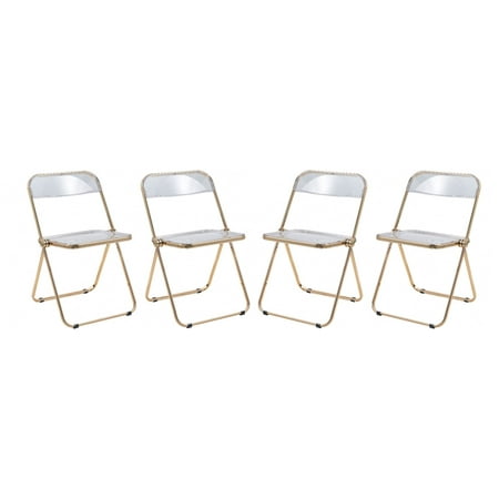 LeisureMod Lawrence Acrylic Folding Chair Gold Metal Frame Set of 4 in Clear