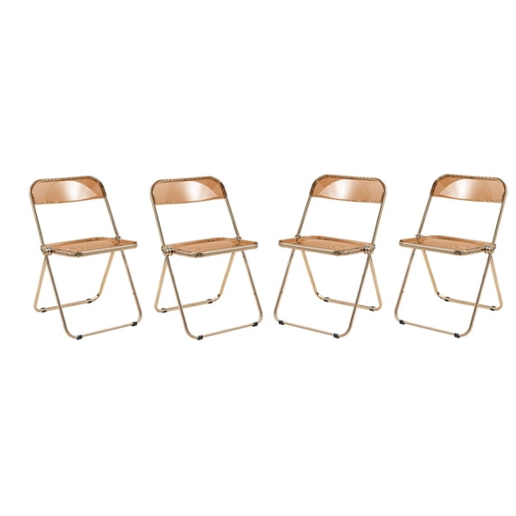 LeisureMod Lawrence Acrylic Folding Chair Gold Metal Frame Set of 4 in Tangerine