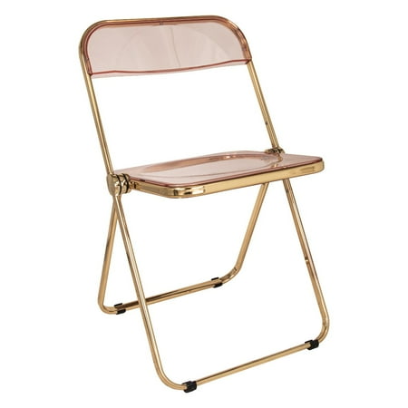LeisureMod Lawrence Modern Acrylic Folding Chair With Gold Metal Frame in Rose Pink