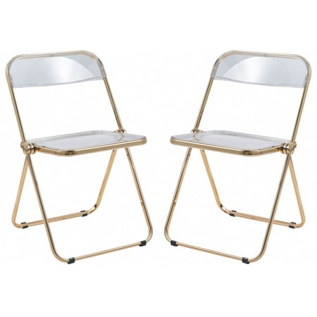 LeisureMod Lawrence Modern Acrylic Folding Chair With Gold Metal Frame Set of 2 in Clear