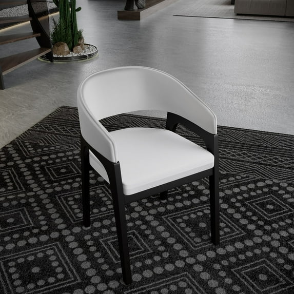 LeisureMod Leather Dining Arm Chair with Rubberwood Legs and U-Shaped Open Back Design Accent Kitchen Chair for Modern Home Cali Collection, White Set of 2