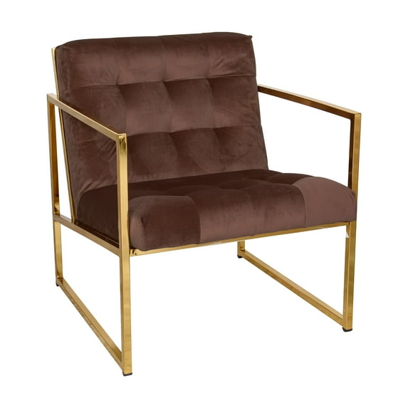 LeisureMod Lexington Fabric Upholstered and Button Tufted Accent Chair Armchair With Gold Frame in Coffee Brown