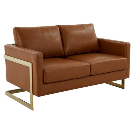 LeisureMod Lincoln Modern Mid-Century Upholstered Leather Loveseat with Gold Frame-Color:GoldMaterial