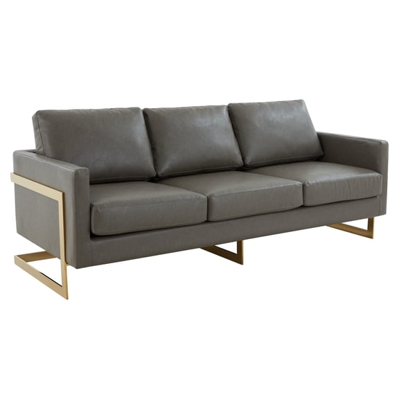 LeisureMod Lincoln 83" Modern Leather Upholstered Sofa With Gold Steel Frame in Grey