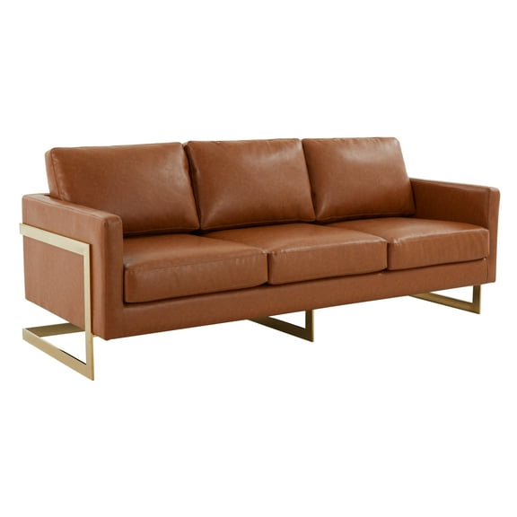 LeisureMod Lincoln 83" Modern Leather Upholstered Sofa With Gold Steel Frame in Cognac Tan