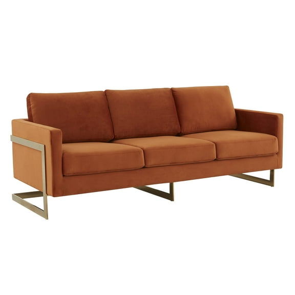 LeisureMod Lincoln 83" Modern Velvet Upholstered Sofa Couch, Luxury Comfortable 3-Seat Sofa with Gold Metal Steel Frame, Seating Set for Indoor Living Room, Lounge & Office, Orange Marmalade