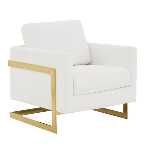 LeisureMod Lincoln Mid-Century Modern Boucle Fabric Accent Armchair with Gold Stainless Steel Frame and Removable Back Cushion (White)