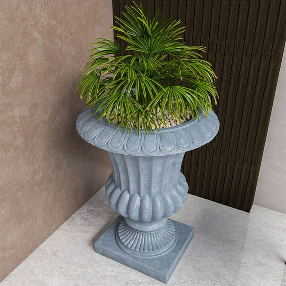 LeisureMod Lotus Fiberstone and Clay Urn Planter, Mid-Century Modern Indoor Outdoor Decorative Planter Pot with Drainage Holes for Home and Patio (Aged Concrete)